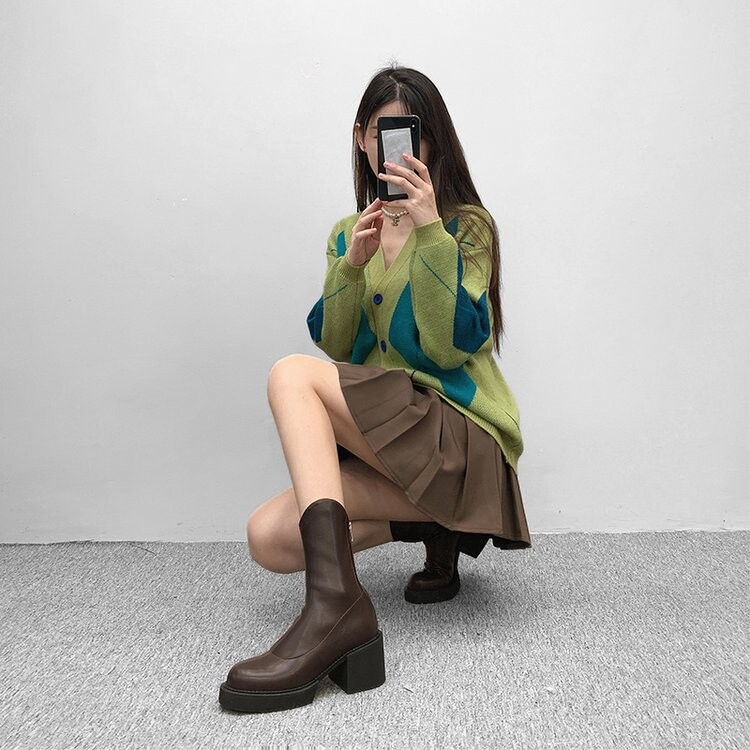 2021秋冬新款欧美风厚底马丁靴高跟圆头粗跟短筒瘦瘦靴西部牛仔靴高性价比高么？