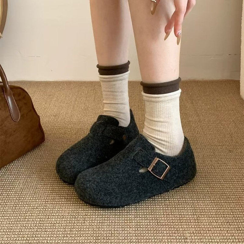 复古圆头毛毡加绒勃肯鞋女2024秋冬季加绒乐福鞋一脚蹬保暖棉瓢鞋,女鞋,勃肯鞋/软木鞋,淘宝优惠券,粉丝福利购,淘宝优惠卷