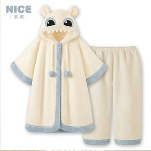 无牙仔小怪兽珊瑚绒睡衣睡袍女冬季加厚加绒家居服套装冬天可外穿