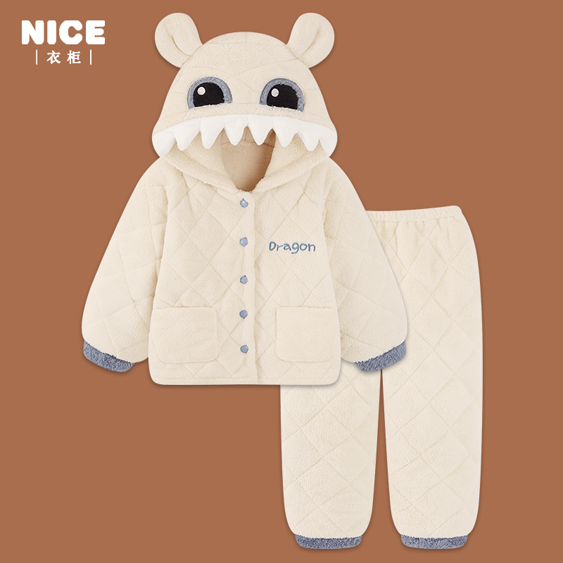 无牙仔三层夹棉珊瑚绒睡衣女冬季