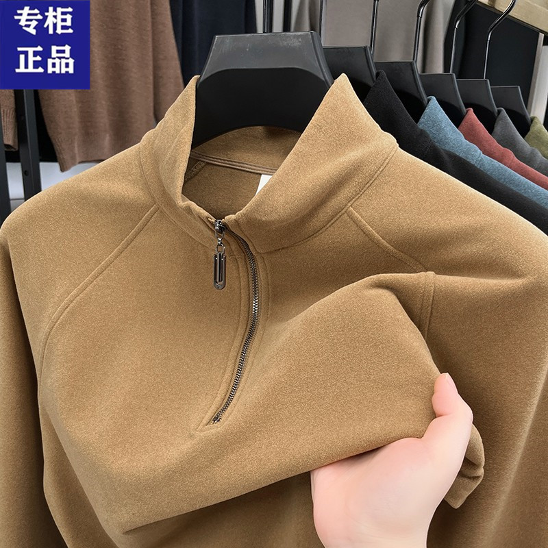 秋冬男士双面德绒磨毛长袖t恤中年半高领拉链保暖卫衣内搭打底衫