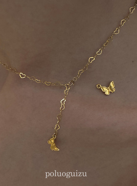 永恒的蝴蝶原创美国14k包金闪亮爱心链可调节项链颈链精致叠戴