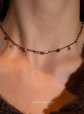 《流浪记》秋冬大地色系猫眼石原创小众手工编织颈链锁骨链可调节