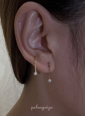 心性纯然耳钉金色版美国14k注金极简原创天然正圆强光小珍珠耳钉