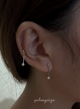 心性纯然银色版耳钉进口s925银天然强光正圆小珍珠耳环女叠戴