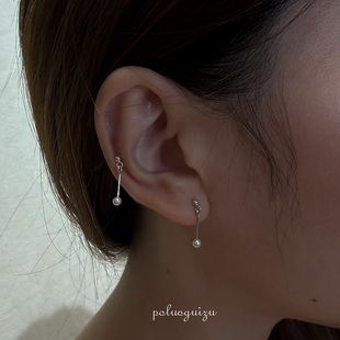 心性纯然银色版耳钉进口s925银天然强光正圆小珍珠耳环女叠戴