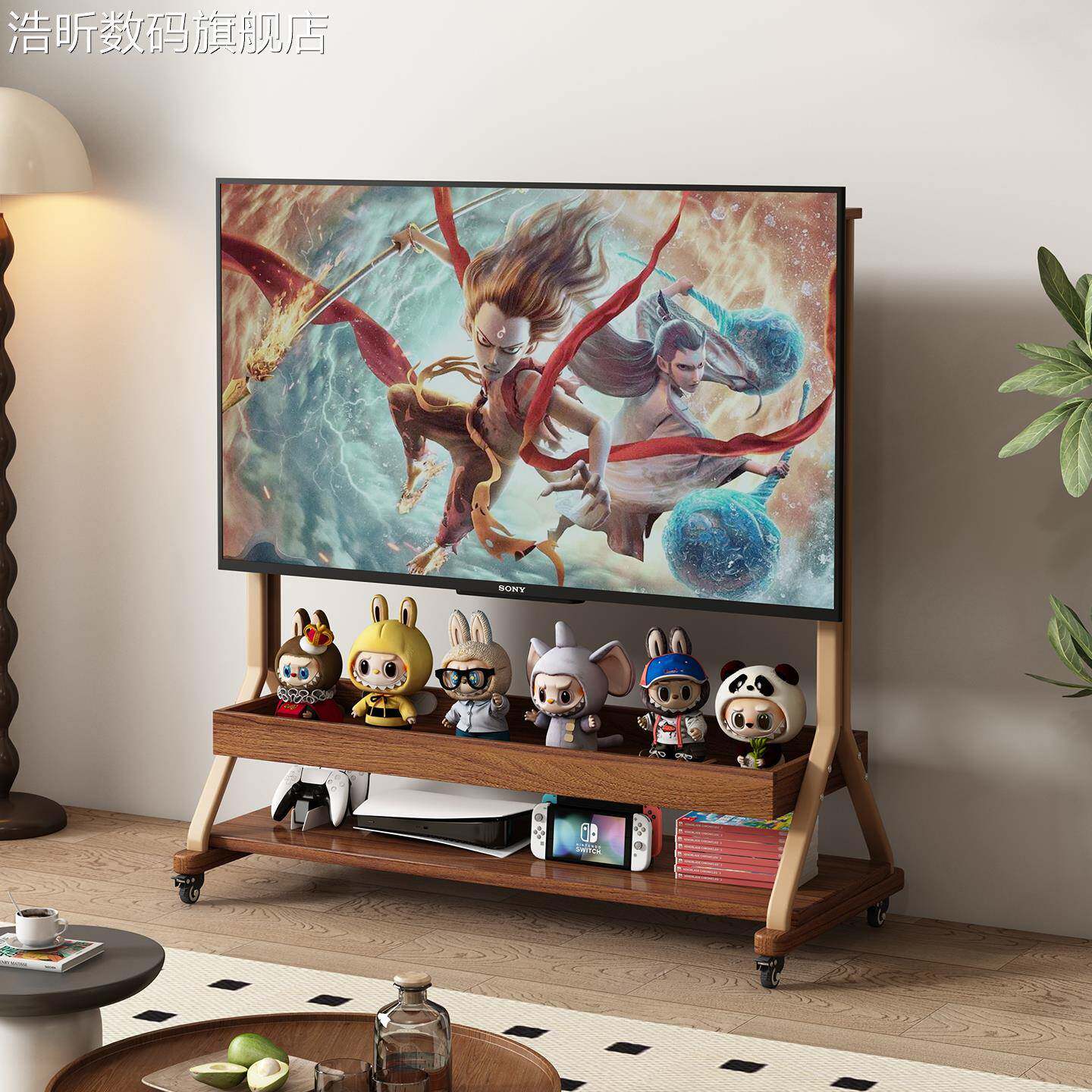 浩昕实木可移动电视机 柜 客厅家用2025新款小户型落地储物带轮电视支 架摆件饰品