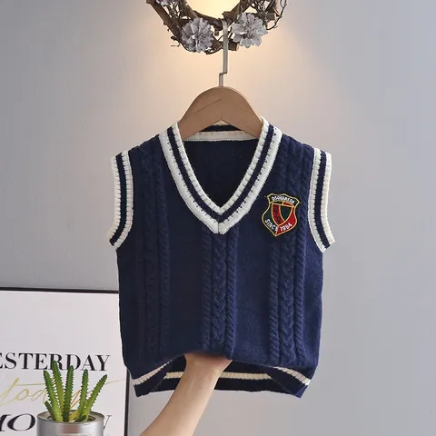 男童针织衫毛衣V领男孩衬衫学院风儿童2024春秋款马甲两件套女童