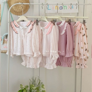 女童家居服套装2026早春新款女宝a类十级双纱竹棉睡衣套