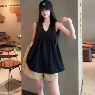 独特漂亮小衫 黑色无袖 法式 吊带背心衬衫 显瘦宽松上衣外穿 女夏新款