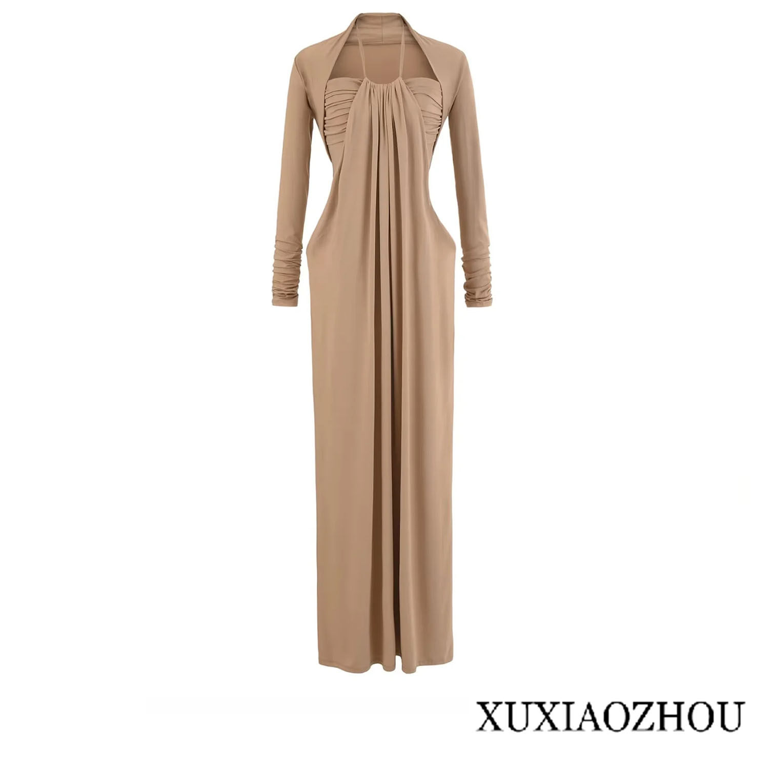 御姐风挂脖褶皱抹胸吊带连衣裙+气质修身长袖坎肩外套气质两件套