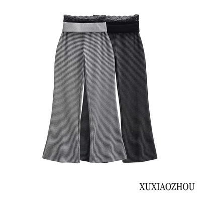 设计感宽腰蕾丝拼接条纹直筒长裤女秋季复古垂感百搭微喇叭裤卫裤