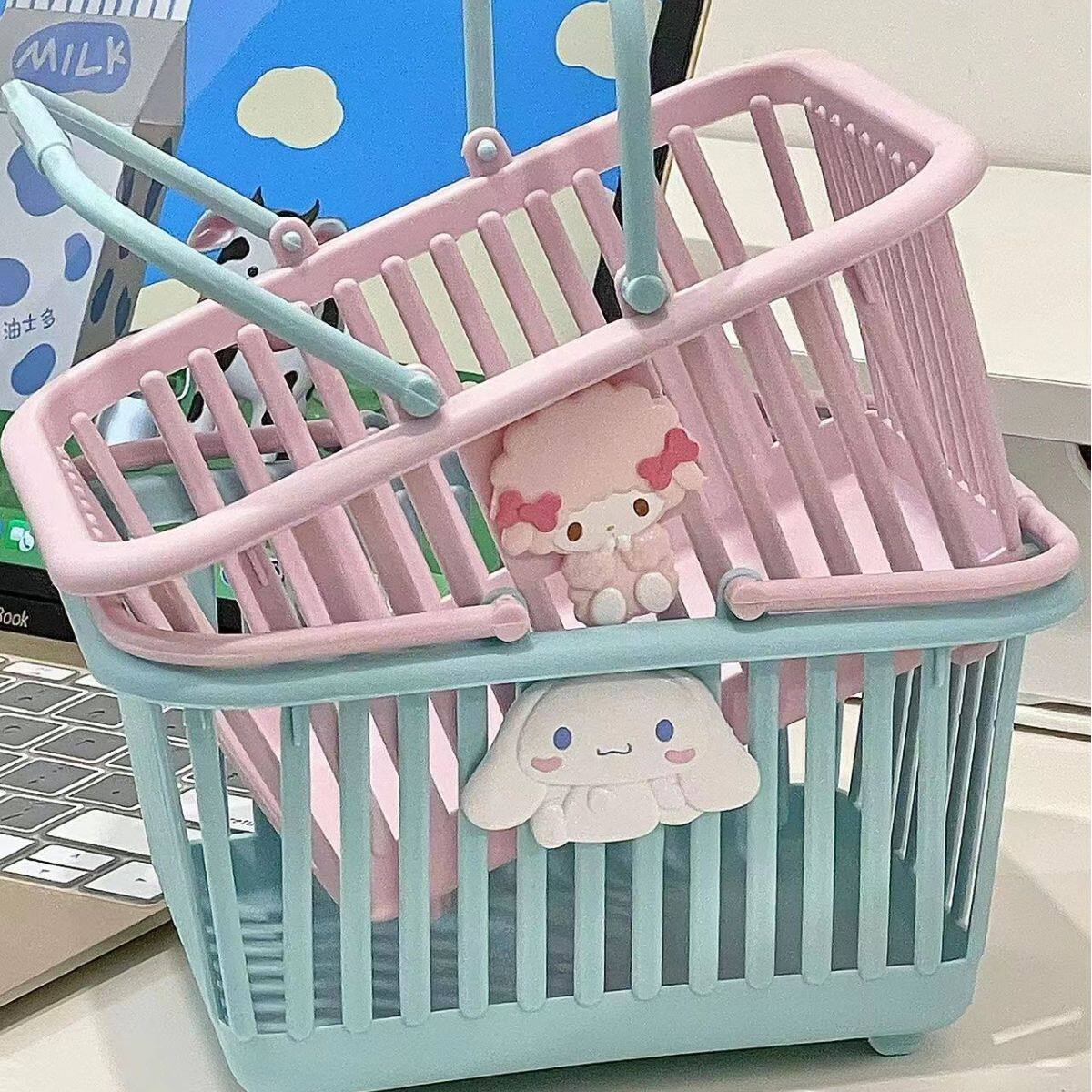 可爱收纳篮桌面卡通收纳筐文具化妆品手提篮小号田园风塑料篮