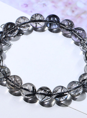 天然巴西黑发晶手链本命年黑水晶男女士黑钛晶手串黑碧玺发晶