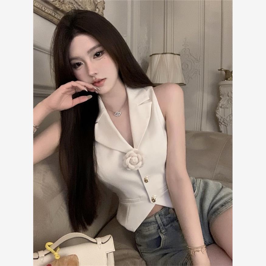 小香风花朵西装马甲吊带背心女夏季白色法式御姐绝美气质上衣外穿