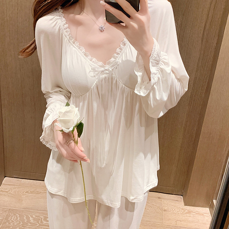 2022年新款睡衣女春秋季莫代尔纯棉带胸垫长袖v领甜美家居服套装