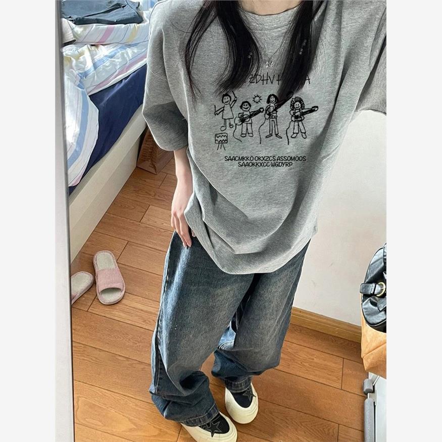 纯棉美式复古灰色正肩短