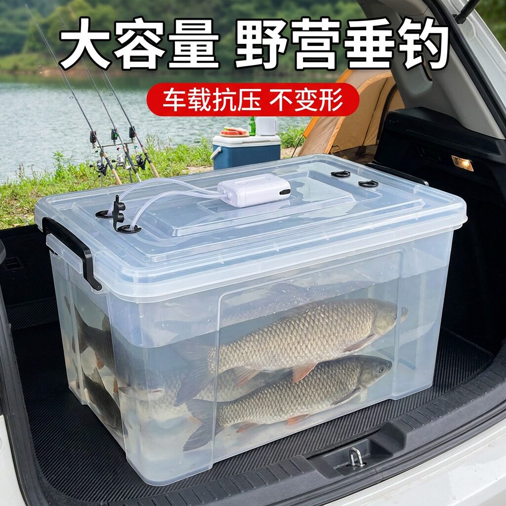 钓哈哈新款车载加厚大容量活鱼箱钓鱼桶装鱼箱透明多功能垂钓渔具