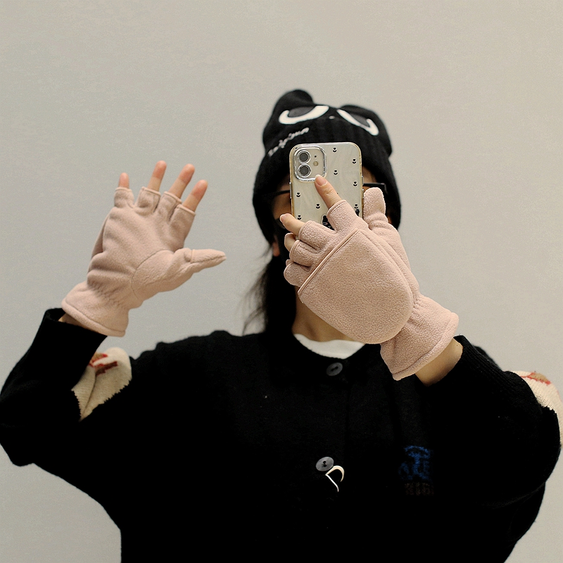 加厚摇粒绒保暖半指翻盖手套