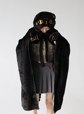 可穿黑色卡通猫咪带袖披风创意连帽斗篷披肩宿舍午睡盖毯毛绒毯子