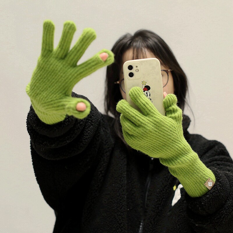 时髦露二指触屏蓝色毛线男女学生秋冬季针织手套 ins种草保暖羊毛