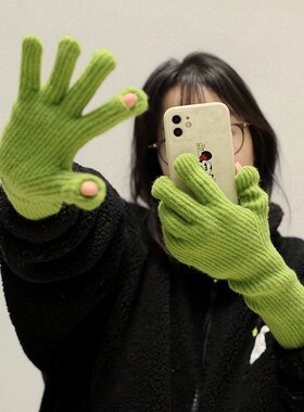 时髦露二指触屏蓝色毛线男女学生秋冬季针织手套 ins种草保暖羊毛