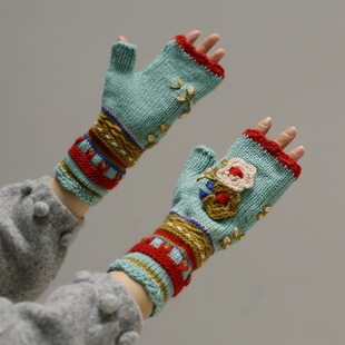重手工の小众复古刺绣立体花朵半指针织手套吸睛古早高级感长护腕