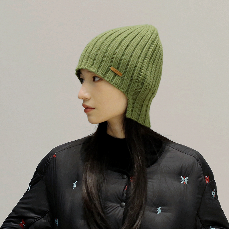 设计感时髦双纹理双戴坑条针织毛线帽子冷帽前短后长显脸小纯羊毛