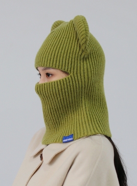 露眼睛酷甜girl可爱小熊耳朵包头帽针织头套帽护耳围脖大头围绿色