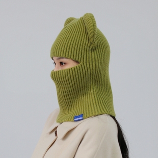 露眼睛酷甜girl可爱小熊耳朵包头帽针织头套帽护耳围脖大头围绿色