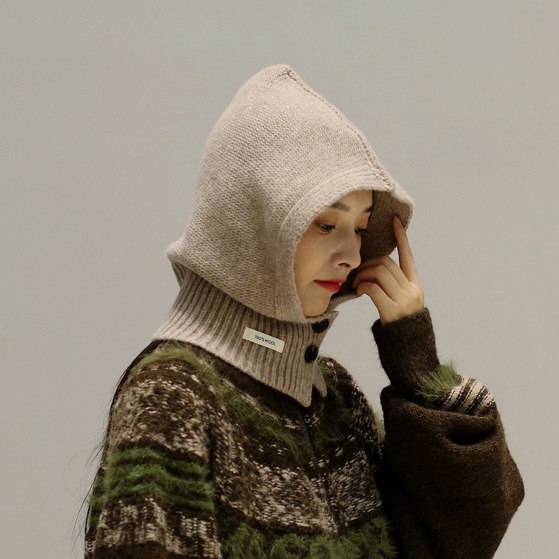 100%wool针织帽子围脖一体巴拉克拉法帽护颈轻盈纯羊毛头套韩式女
