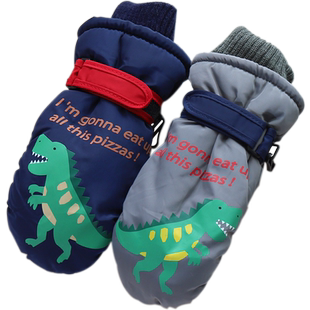 儿童连指手套中小童冬天防水加绒防寒宝宝玩雪可爱恐龙男女童红色