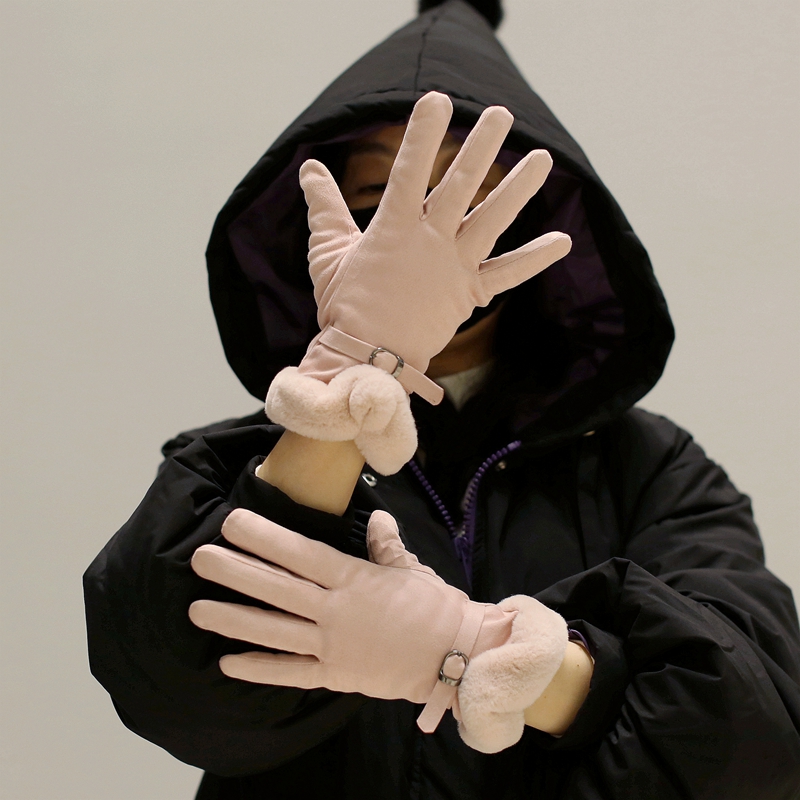 女麂皮绒保暖加厚加绒棉手套可爱