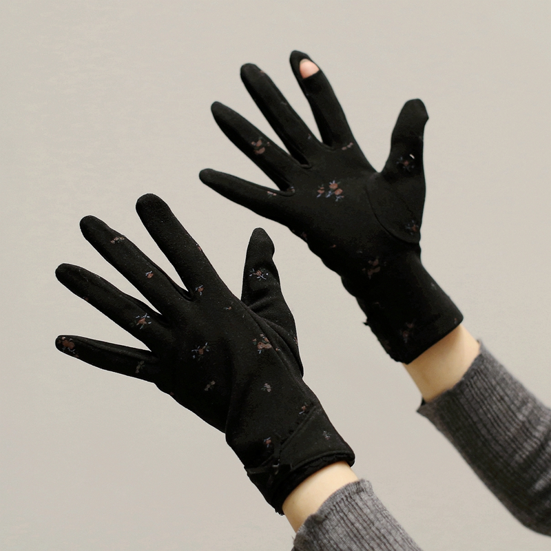 五指印花雅致复古露指触屏手套