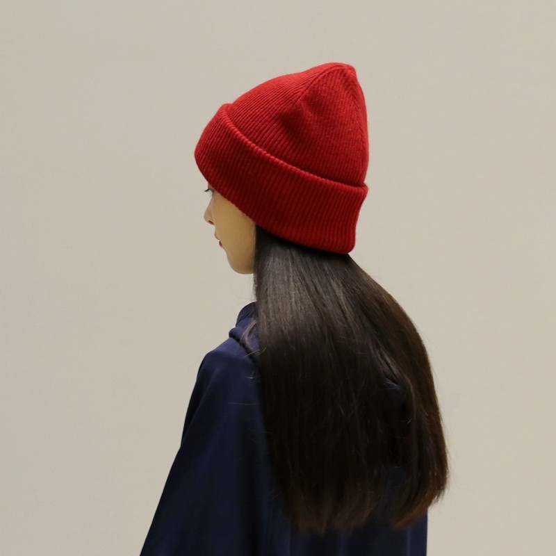 100%wool基础百搭针织堆堆帽护耳大头围羊毛套头帽子松软有型红色