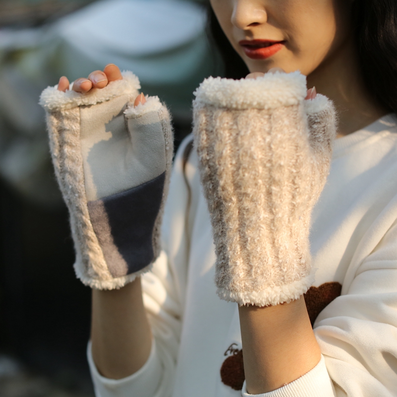 ins风写字半截针织拼接毛绒手套