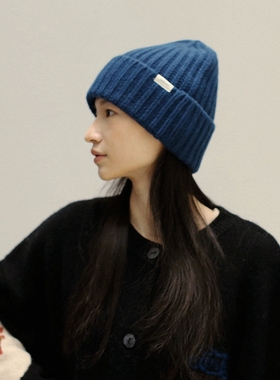 好搭高级感100%wool羊毛针织冷帽男粗针毛线帽子显脸小女护耳蓝色