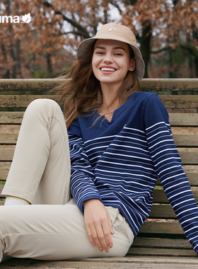 LAFUMA乐飞叶户外秋冬速干圆V领长袖T恤女条纹打底上衣LFTS4CL63