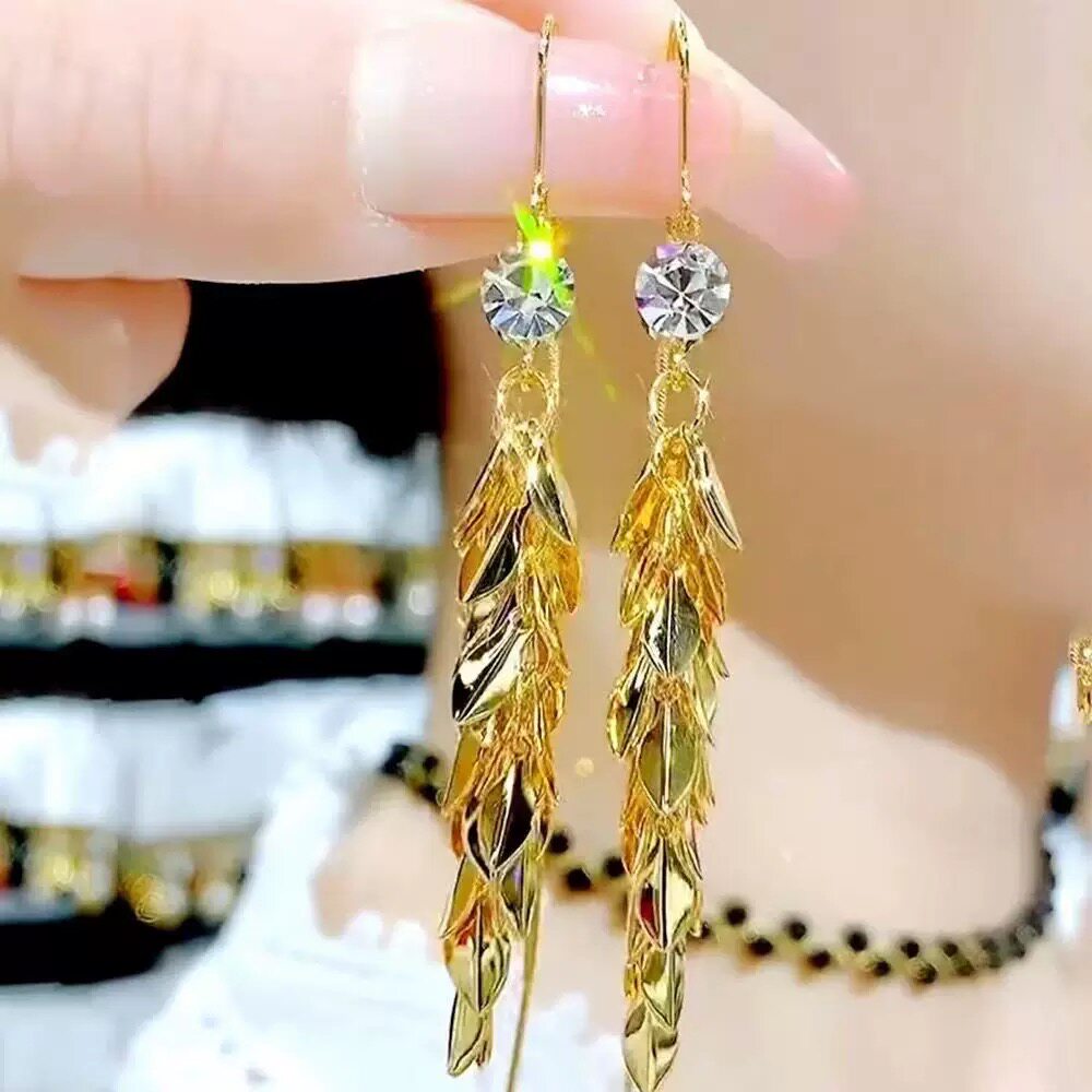 穗穗平安金色洋气高贵耳线长款流苏麦穗耳环奢华金色超闪锆石耳饰