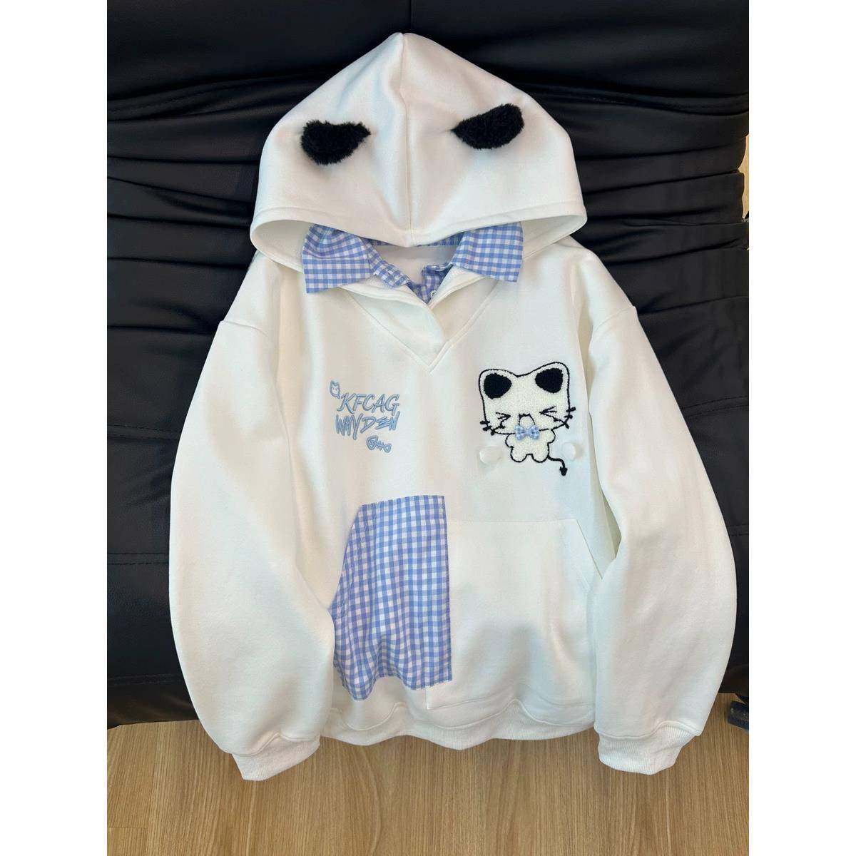 甜美可爱猫咪刺绣假两件连帽白色卫衣女宽松慵懒风2025年新款上衣