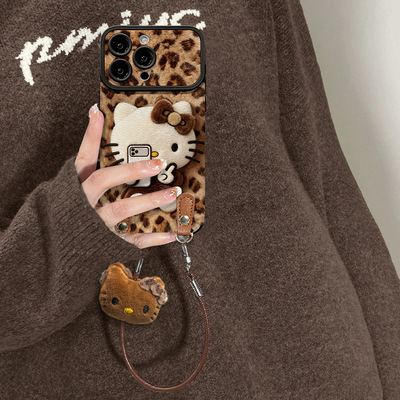 豹纹猫咪挂绳适用苹果16手机壳iphone15硅胶羊皮小米17promax新款华为Pura80Pro全包mate70卡通nova14/13保护
