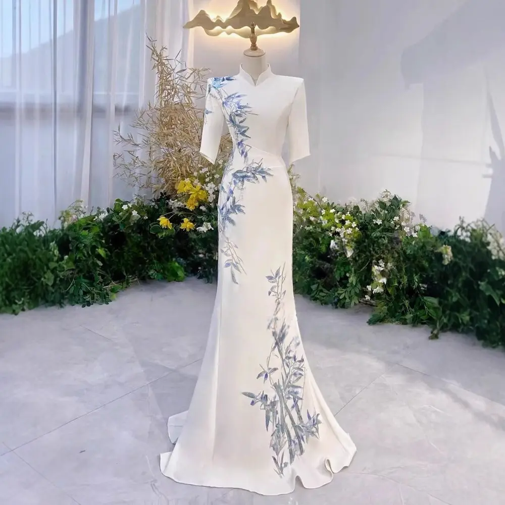 白色缎面新中式收腰鱼尾礼服2025新款气质声乐艺考表演古筝演出服