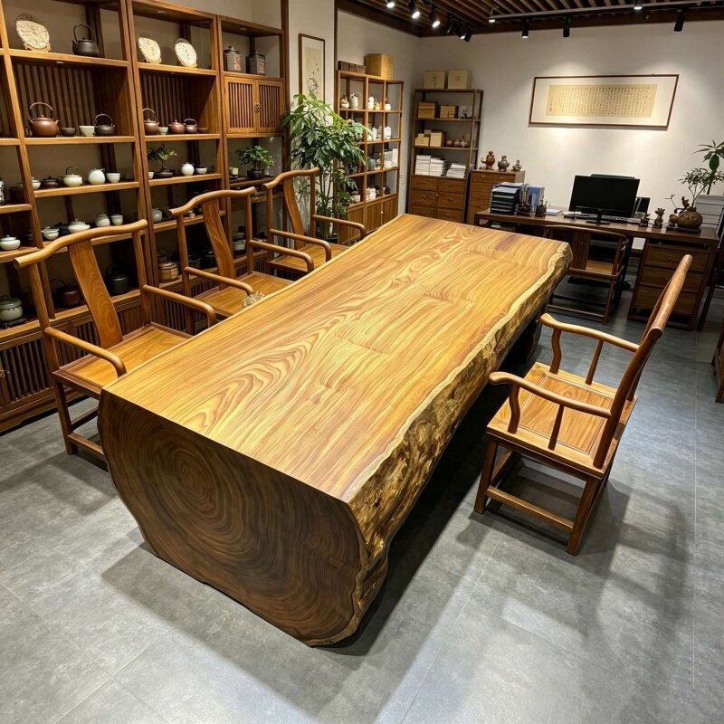 非洲缅甸瓦城柚木巴花整块原木黑檀胡桃自然边办公大板茶台桌清仓