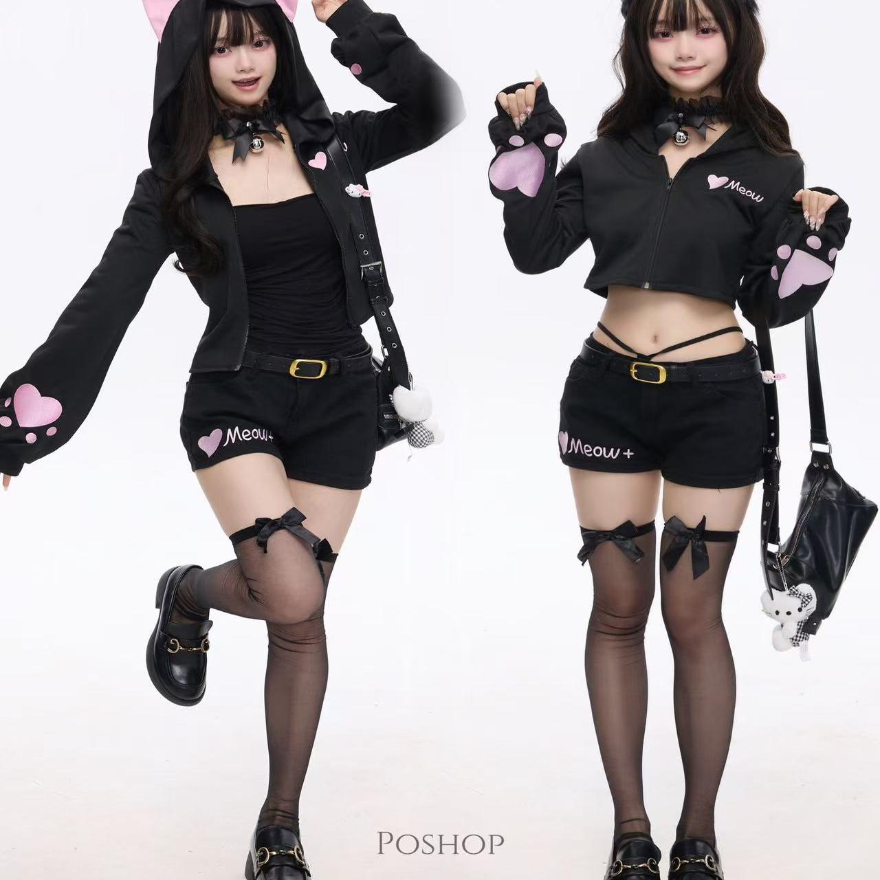 POSHOP 暗夜猫娘 甜辣风猫耳长短款套装 显瘦遮肉
