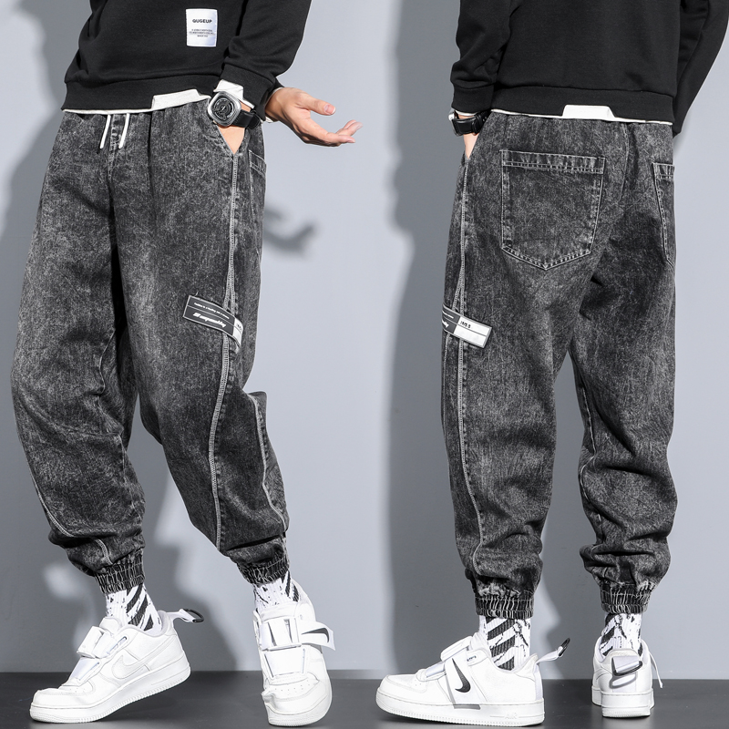 胖子肥佬松紧腰牛仔裤男宽松加大码加肥子加绒加厚哈伦裤束脚裤子