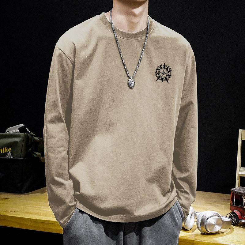 日系潮牌字母重磅纯棉长袖t恤男士宽松春秋季全棉白色打底衫上衣