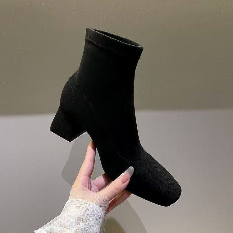 加绒马丁靴女2025新款秋冬复古绒面方头保暖瘦瘦靴高跟小踝靴短靴