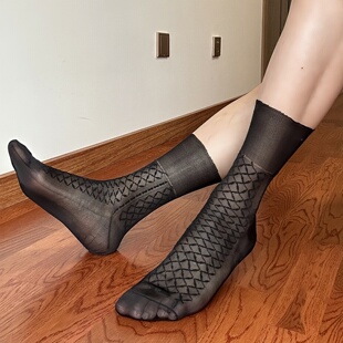 3双单底老式锦纶丝袜男大网格透气薄款日系锦纶松口不卷边中筒袜