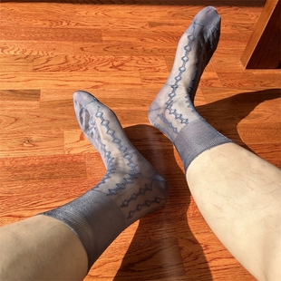 菱形老式锦纶丝袜松口不卷边提花男灰色轻薄透气商务正装丝袜单底