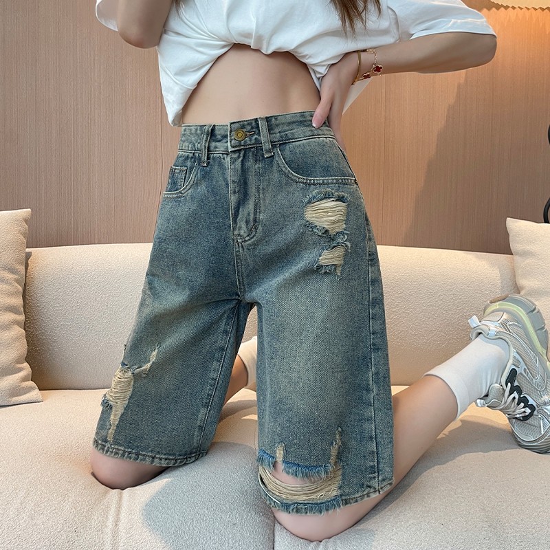 破洞牛仔裤女夏天薄款2025年新款高腰阔腿短裤美式高街五分直筒裤